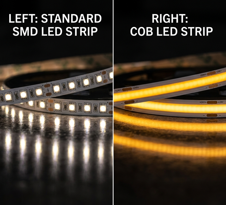 COB LED ve standart şerit LED karşılaştırması — parlak zeminde nokta izi sorunu ve COB'un kesintisiz ışığı