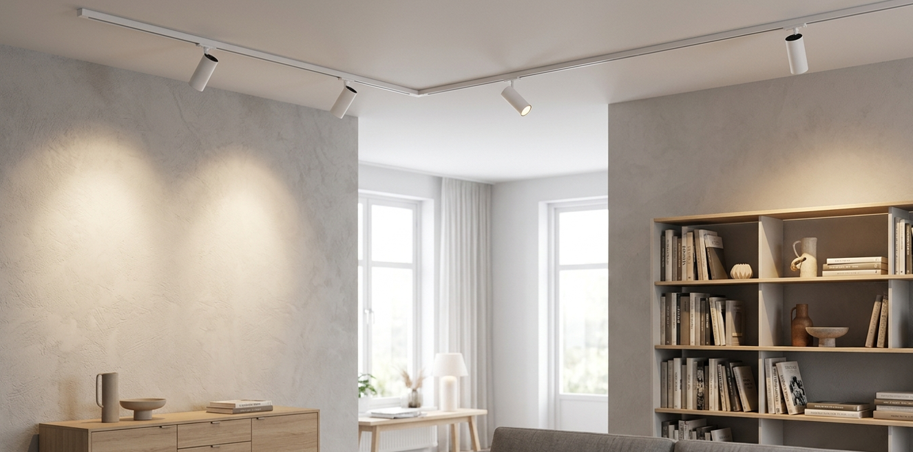 Manyetik ray spot sistemi — modern salon duvar dokusu vurgulaması, yönlendirilebilir spot armatür