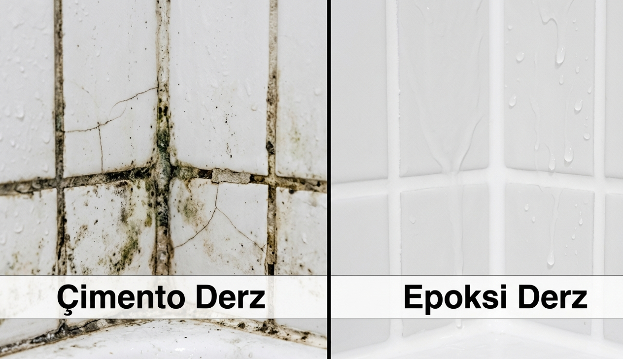 Epoksi derz uygulaması ve çimento derz karşılaştırması — duş alanında kararan eski derz ile temiz epoksi derz yan yana
