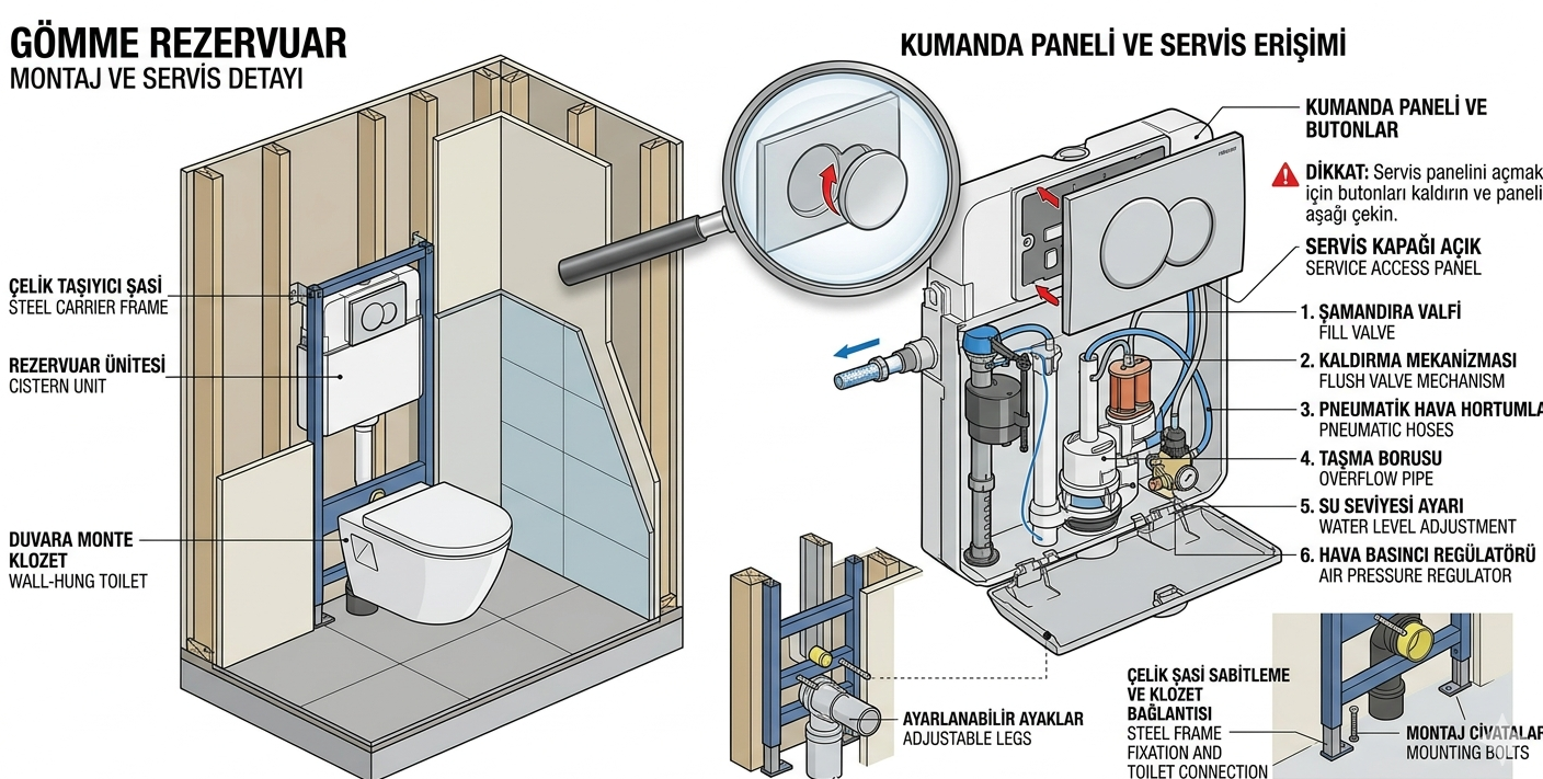 Gömme rezervuar teknik kesiti — buton arkasından mekanizmaya erişim, karkas tip kasa ve çelik profil detayı