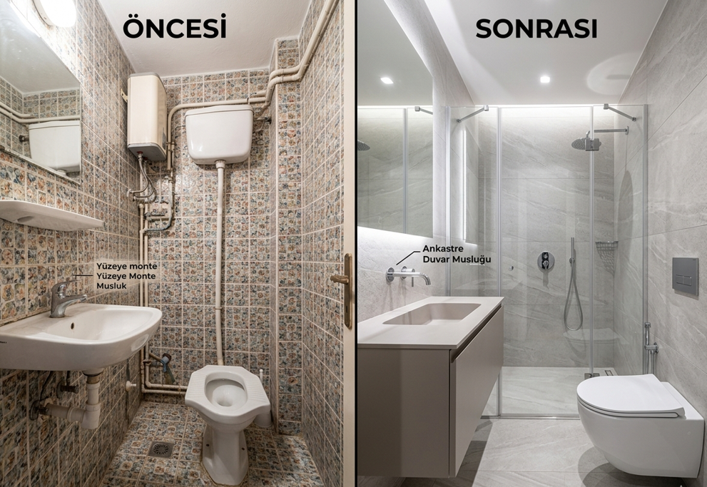 Banyo tadilatı öncesi ve sonrası — gömme rezervuar, 60x120 rektifiye seramik ve rimless klozet, İstanbul ebeveyn banyosu