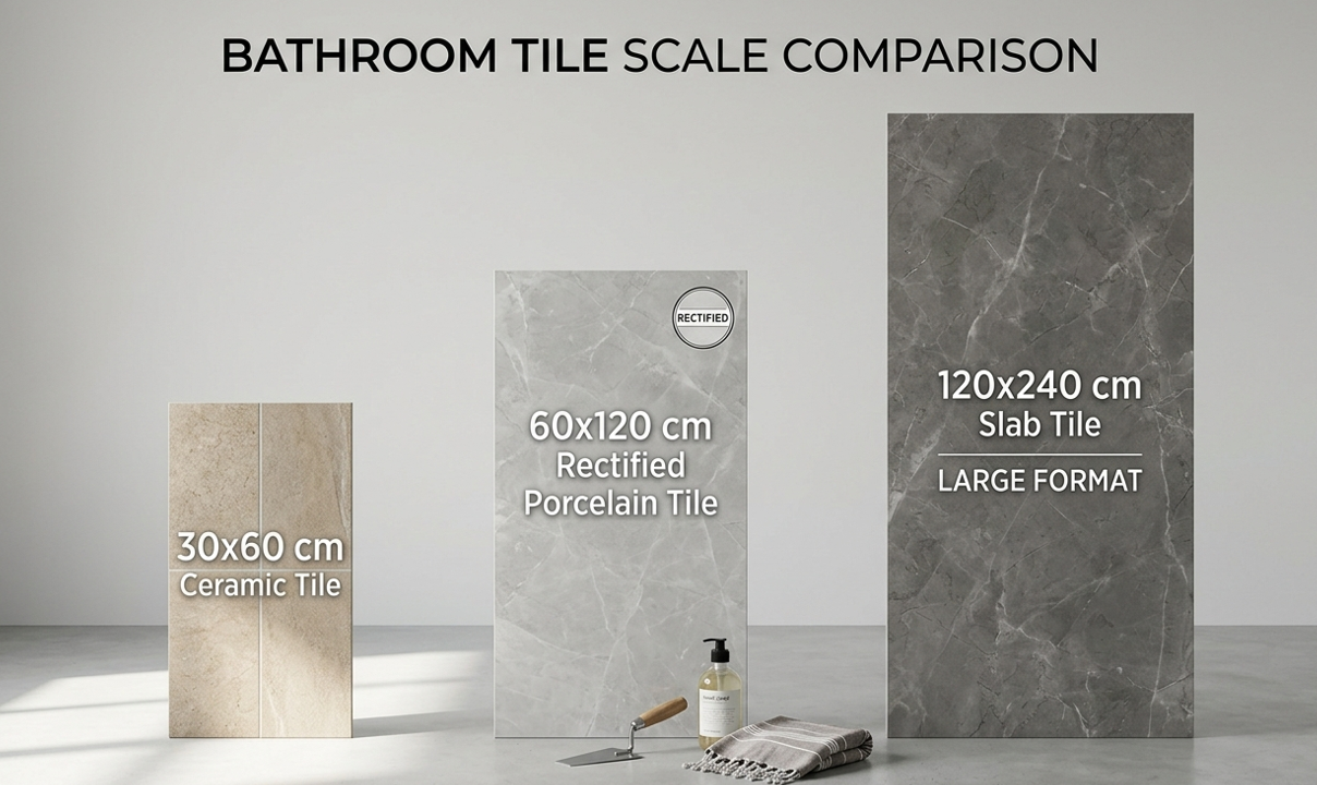 Banyo seramik ebat karşılaştırması — 30x60, 60x120 ve 120x240 slab seramik yan yana, ölçek göstergeli
