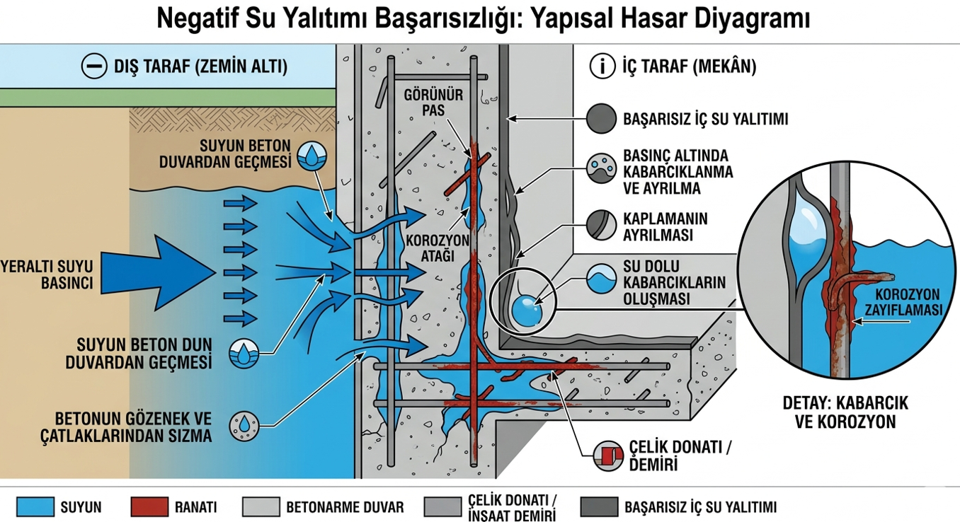 Negatif yalıtım sorunu — içeriden sürülen boyada su baskısıyla kabarma ve soyulma, betonun içindeki nem hareketi
