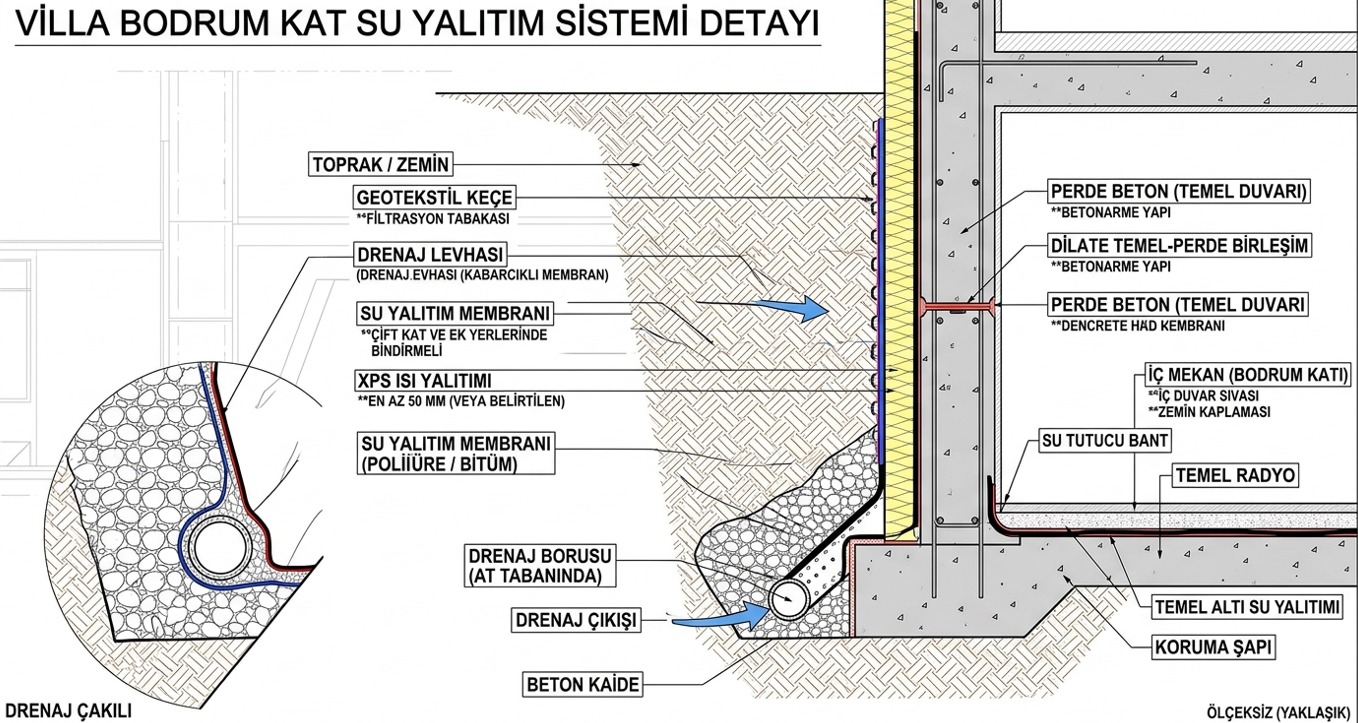 Villa bodrum kat su yalıtımı — pozitif bohçalama katmanları, perde beton, drenaj borusu ve geotekstil keçe sistemi