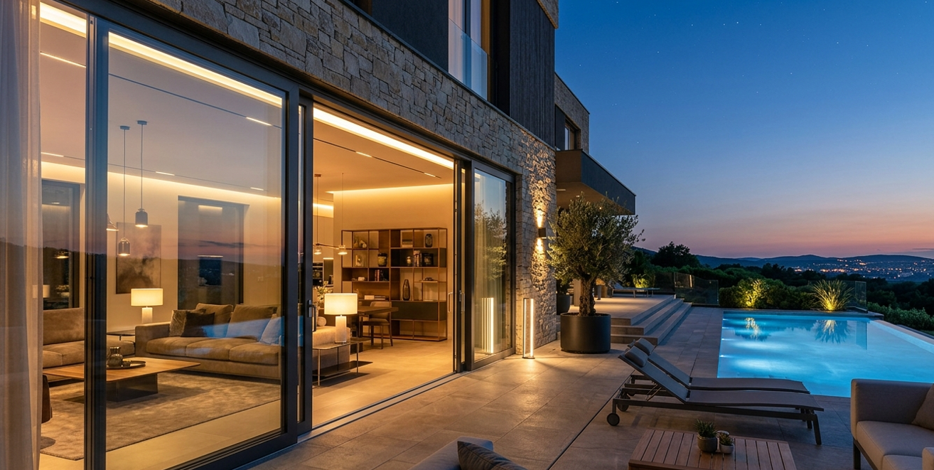 Lüks villa alüminyum Hebeschiebe sürme kapı — thermal break profil, büyük cam açıklık ve minimal çerçeve sistemi