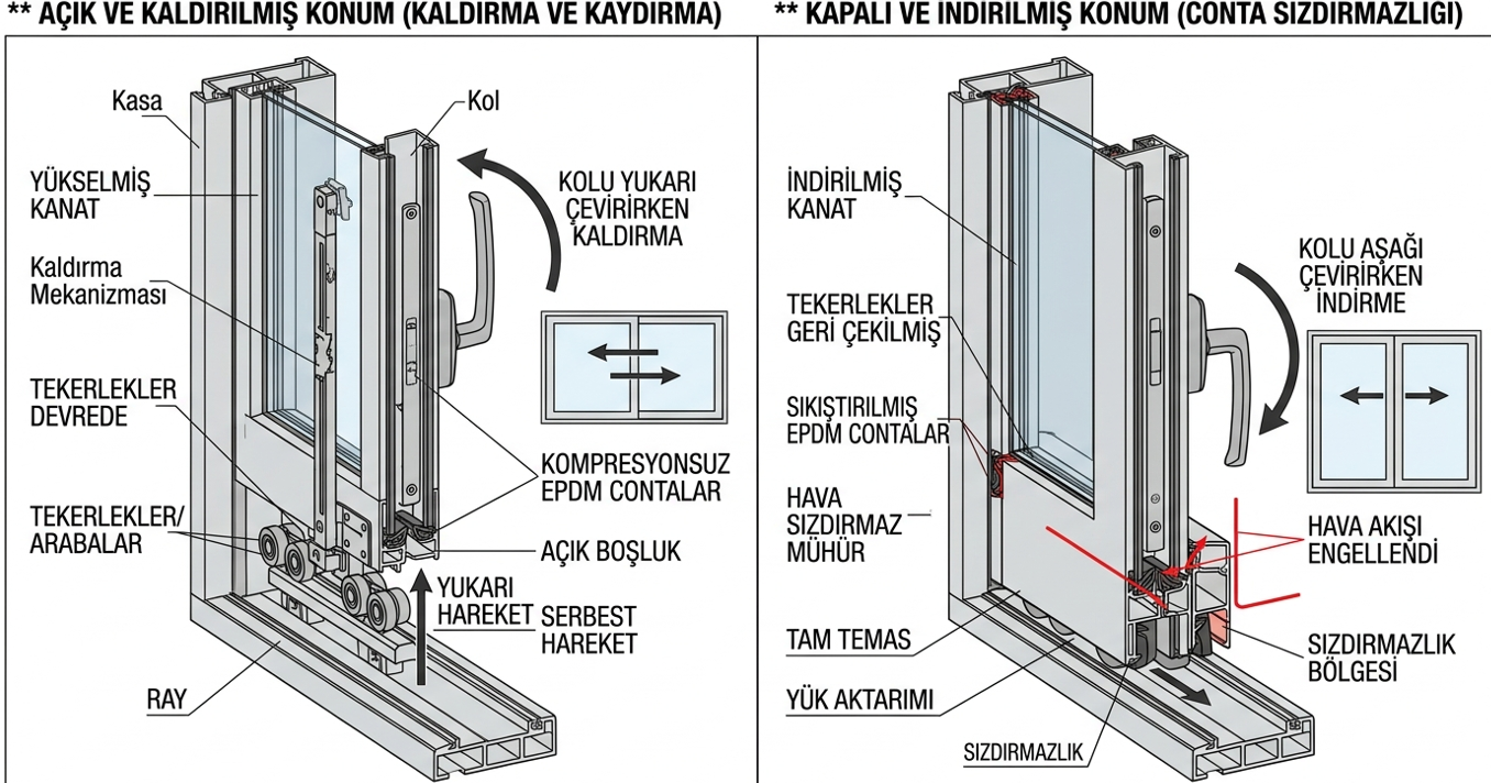 Hebeschiebe kaldır-sür sistemi — kol mekanizması, aşağı inen EPDM conta baskısı ve raylı hareket detayı