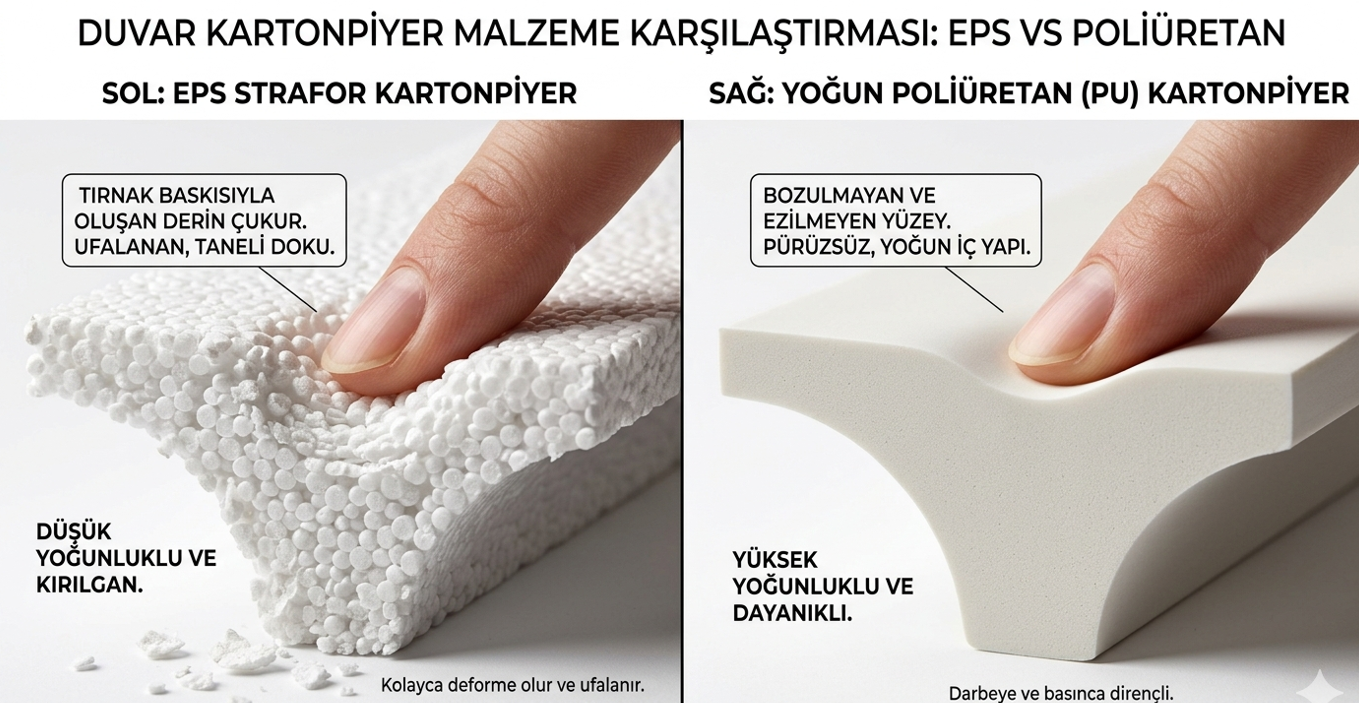 Strafor (EPS) çıta ve poliüretan çıta kesit karşılaştırması — darbe direnci ve yüzey kalitesi farkı