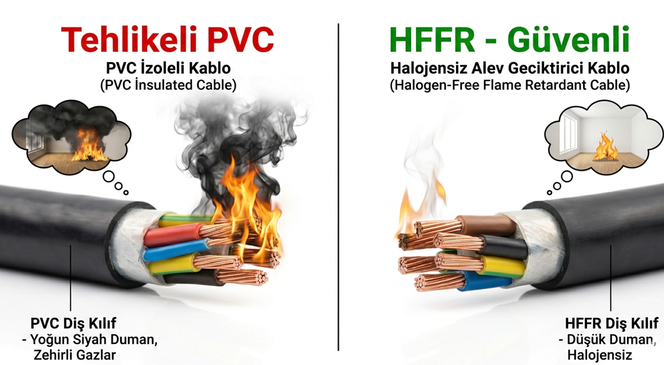 HFFR halogen free kablo ile standart PVC kablo kesit karşılaştırması — yangın testi görseli