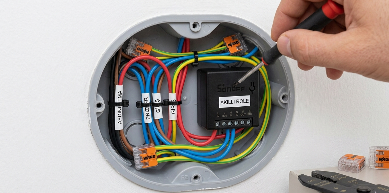 Elektrik buatı içi — nötr hat bağlantısı, akıllı röle montajı (Sonoff/Shelly) ve faz-nötr-toprak renk kodlaması