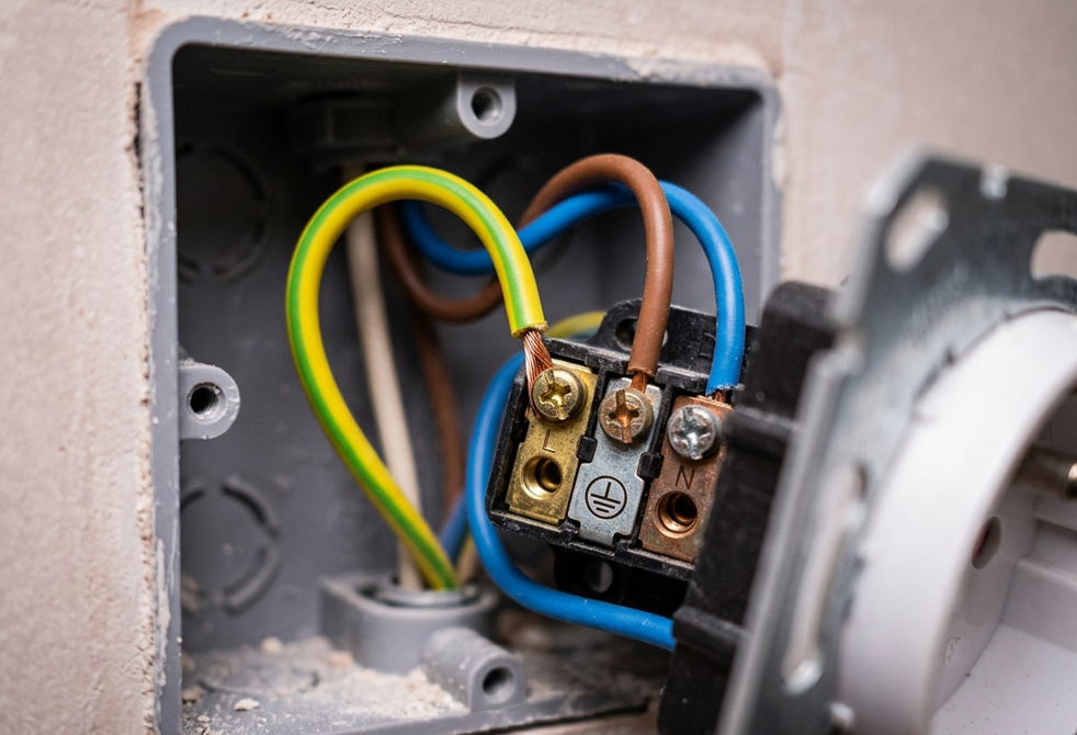 Elektrik topraklama hattı — sarı-yeşil toprak kablo ve topraklı priz bağlantısı detayı