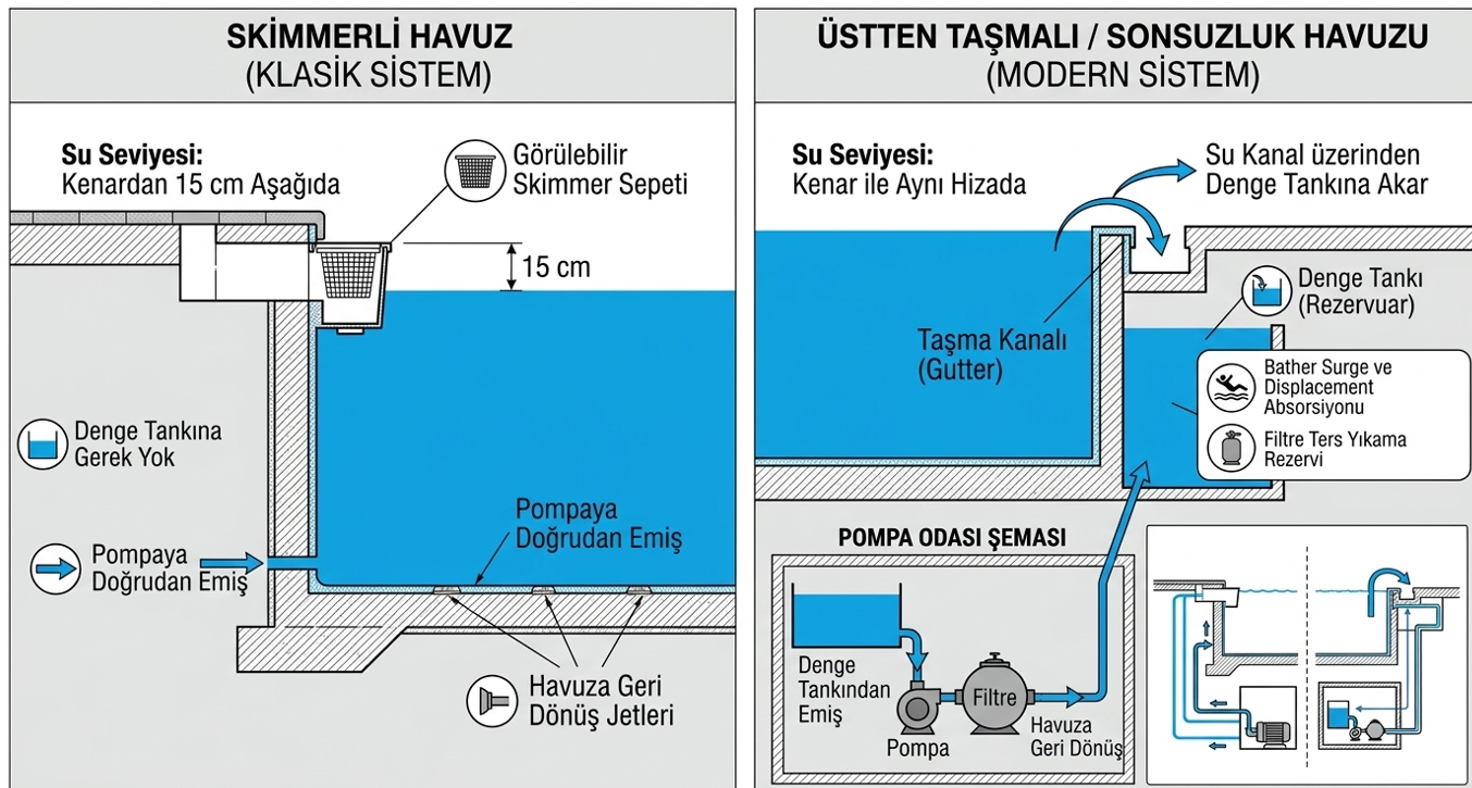 Skimmer ve taşmalı havuz sistemi karşılaştırması — su seviyesi farkı, ızgara konumu ve denge tankı gerekliliği diyagramı
