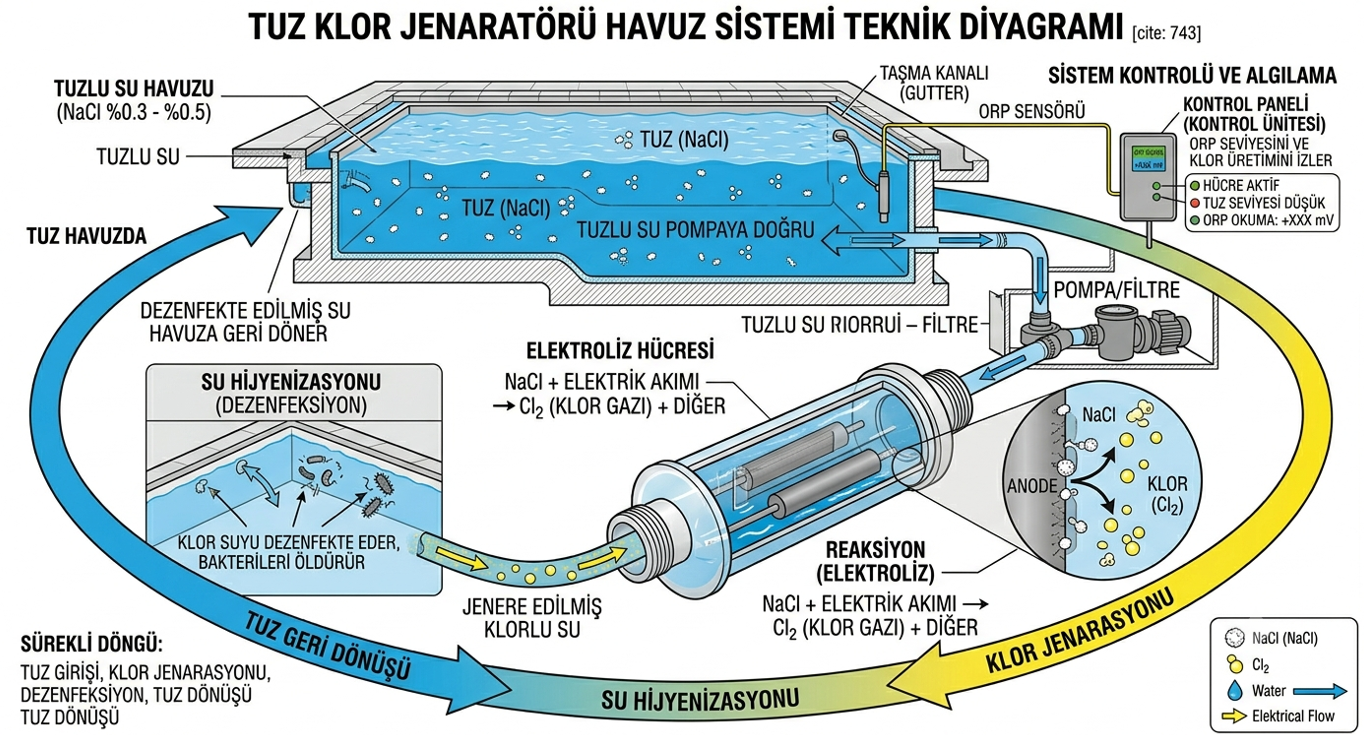 Tuz klor jeneratörü sistemi — elektroliz hücresi, tuz konsantrasyonu ve ORP kontrolü ile otomatik havuz dezenfeksiyon döngüsü