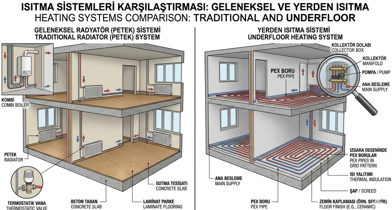 Yerden ısıtma sistemi ve petek sistemi yan yana karşılaştırma — kollektör kutusu, PEX boru döşemesi ve radyatör bağlantısı