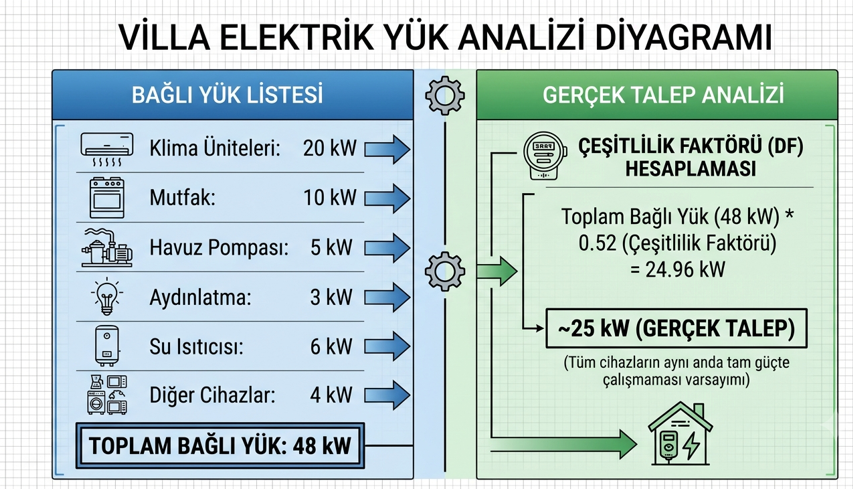Jeneratör kapasite hesabı — tüm cihazlar listesi ve eşzamanlılık faktörü uygulaması ile gerçek ihtiyaç tespiti