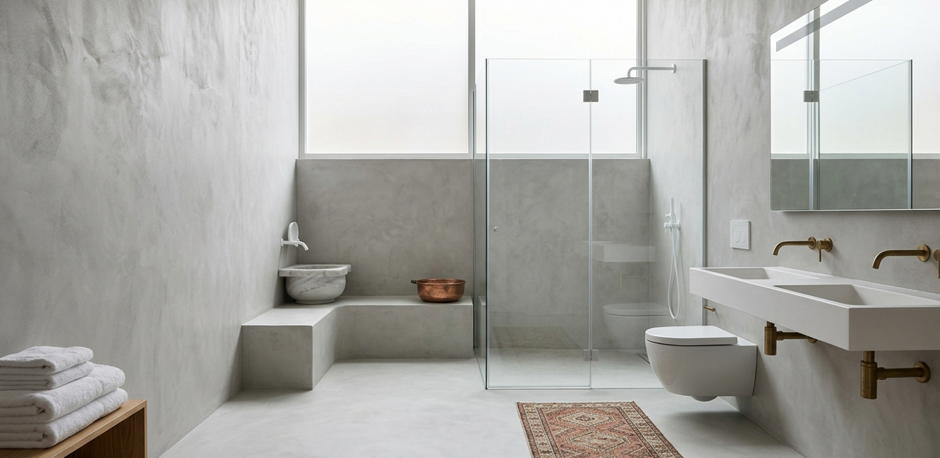 Mikrobeton banyo uygulaması — duvar ve zemin sürekli yüzey, duş bölgesi