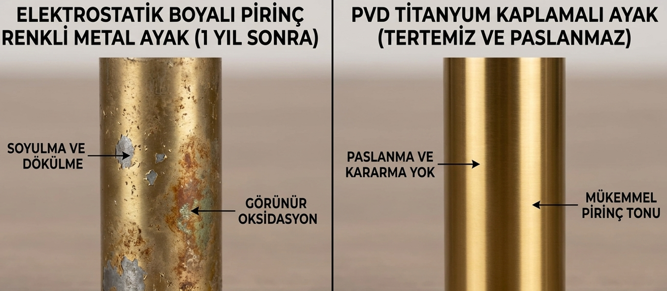 PVD titanyum kaplama metal mobilya detayı — pirinç renginde kararmaz, çizilmez kaplama yakın çekim karşılaştırması