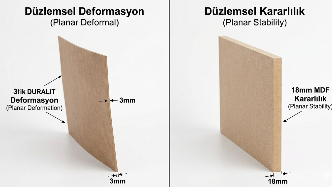 Dolap sırt plakası kalınlık karşılaştırması — 18 mm MDF sırt plakası ile 3 mm duralit arka panel yan yana
