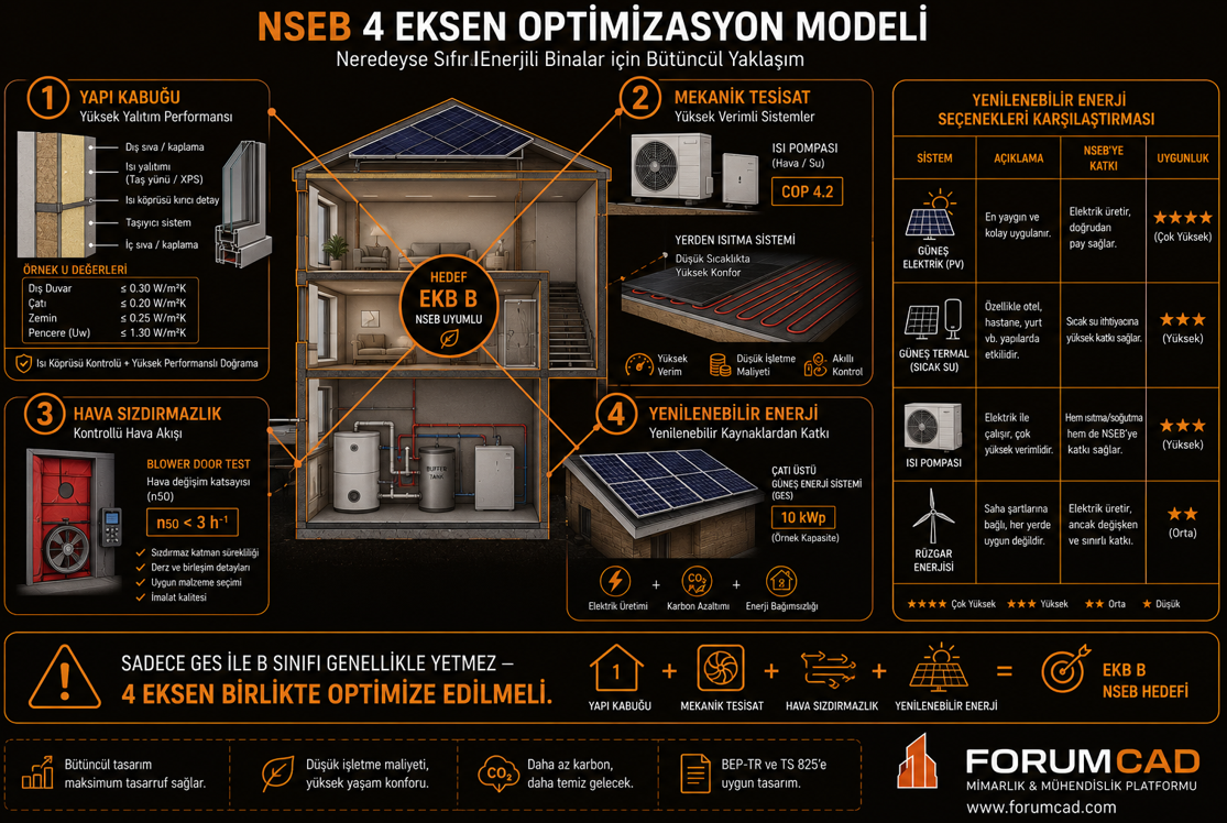 NSEB binalarında yenilenebilir enerji çözüm alternatifleri karşılaştırması — fotovoltaik GES, güneş ısı kolektörü, hava kaynaklı ısı pompası ve rüzgar türbini; her çözüm için enerji karşılama hesaplama yöntemi ve tipik kurulum maliyeti referans değerleri