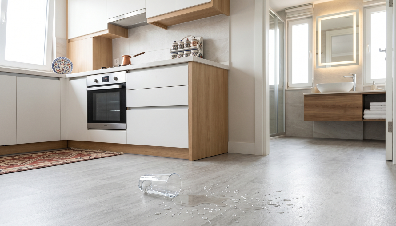 LVT vinil zemin kaplama mutfak ve banyo uygulamasi — su dayanıklıligi gosterimi