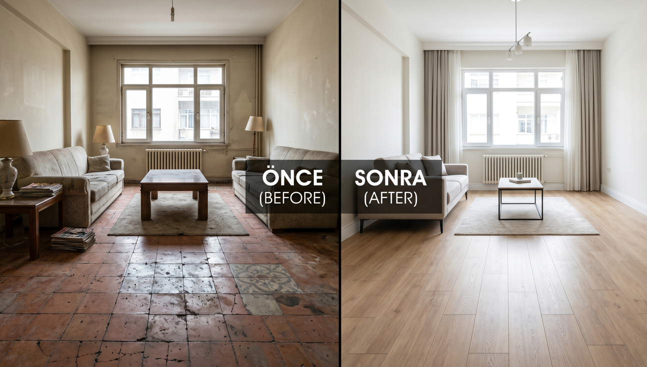 Parke yenileme öncesi ve sonrasi — İstanbul daire, laminat uygulama