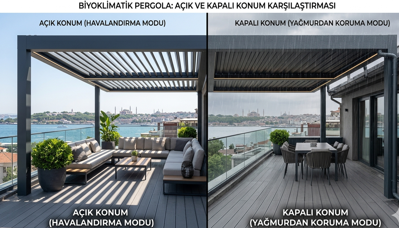 Bioklimatik pergola — döner alüminyum lameller, tam kapalı ve tam açık pozisyon, LED entegrasyonlu teras