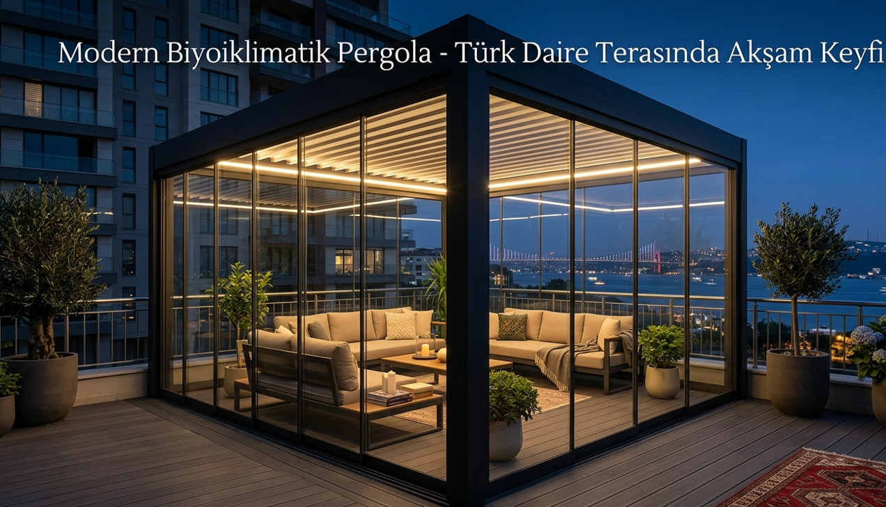 Modern bioklimatik pergola ve giyotin cam sistemi — dört mevsim kullanım, LED entegrasyonlu teras örneği