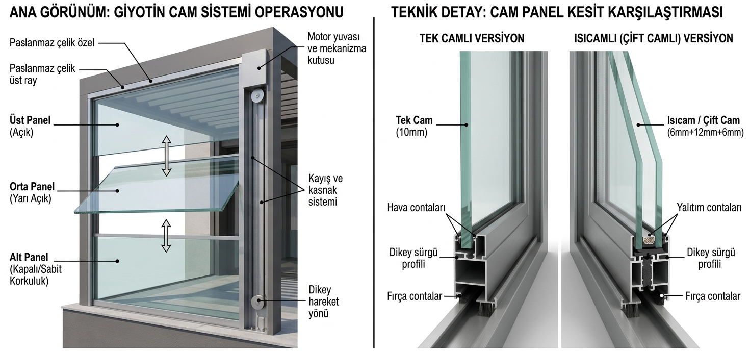 Giyotin cam sistemi — kanatlı çerçevesiz cam paneller, motorlu açılım ve ısıcamlı versiyon detay