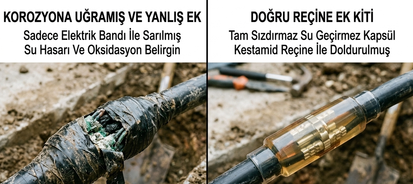 Toprak altı kablo eki — elektrik bandıyla sarılmış hatalı ek ile reçineli ek mufu karşılaştırması