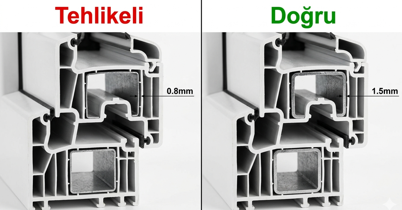 PVC pencere profil kesiti içindeki galvaniz destek sacı — kalın vs ince sac karşılaştırması