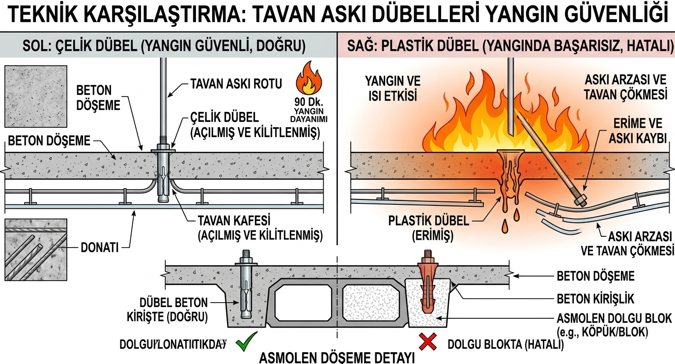 Askı çubuğu çelik dübel bağlantısı ile yasak olan plastik dübel karşılaştırması — asmolen döşemede betonarme nervüre dübel atma detayı