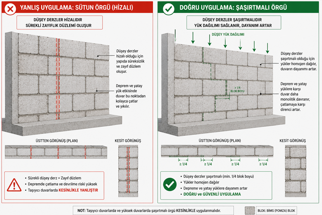 Bims duvar şaşırtmalı örgü detayı — doğru bindirme uzunluğu ve hizalı (sütun) örgü yapısal zayıflık karşılaştırması