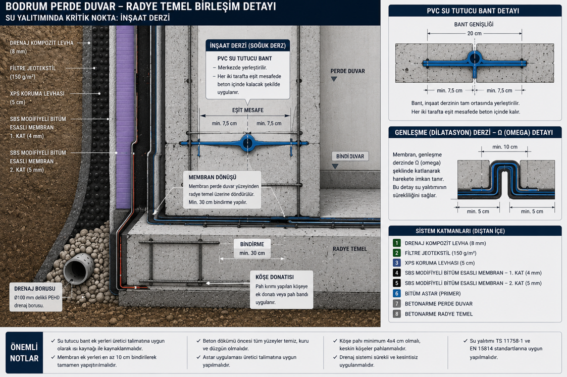 Bodrum temel-duvar birleşim waterstop detayı