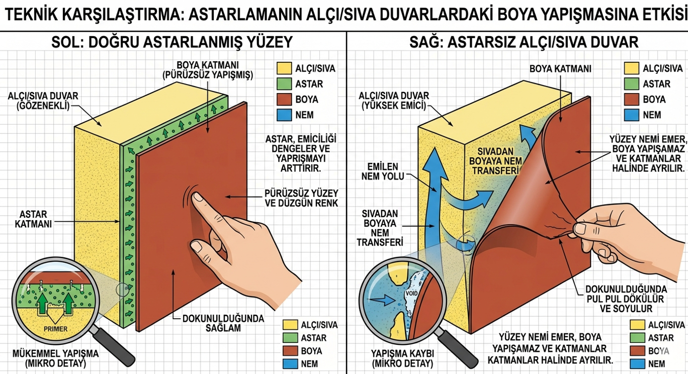 Astarlı duvar yüzeyi ile astarsız direkt boyanmış alçı yüzey karşılaştırması — boya dökülmesi ve aderans kaybı detayı