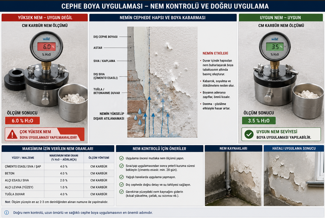 Dış cephe boya uygulaması nem kontrolü — CM metre kalsiyum karbid yöntemi ile yüzey nem ölçümü ve kabul edilebilir nem değerleri tablosu