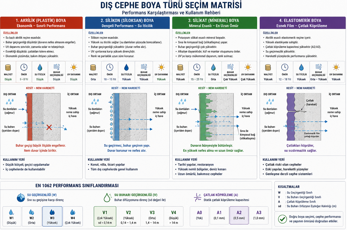Dış cephe boya sınıfı seçim matrisi — yüzey türü, nem koşulu ve çatlak durumuna göre akrilik, silikon, silikat ve elastomerik boya seçim tablosu