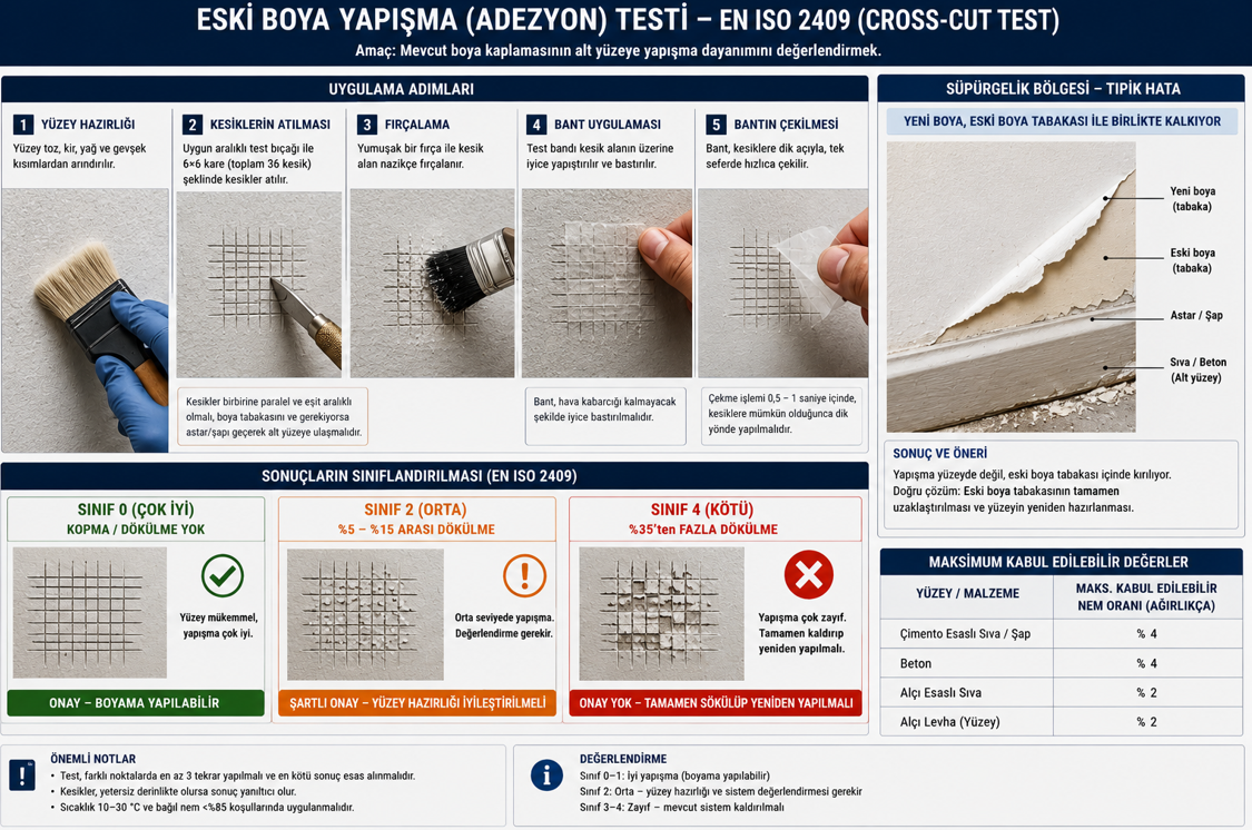 Dış cephe eski boya yapışma testi — çapraz çizik kesme testi EN ISO 2409 ve çekme testi görseli, eski boyada kabul ve ret kriterleri