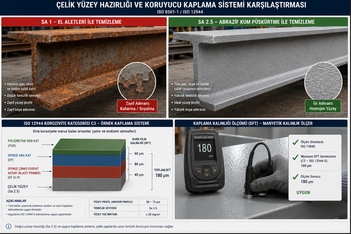Çelik konstrüksiyon yüzey hazırlığı ve koruyucu kaplama sistemi — Sa 2.5 kumlanmış yüzey ve ISO 12944 C3-C4 koruma kategorisi boya katman sistemi detayı