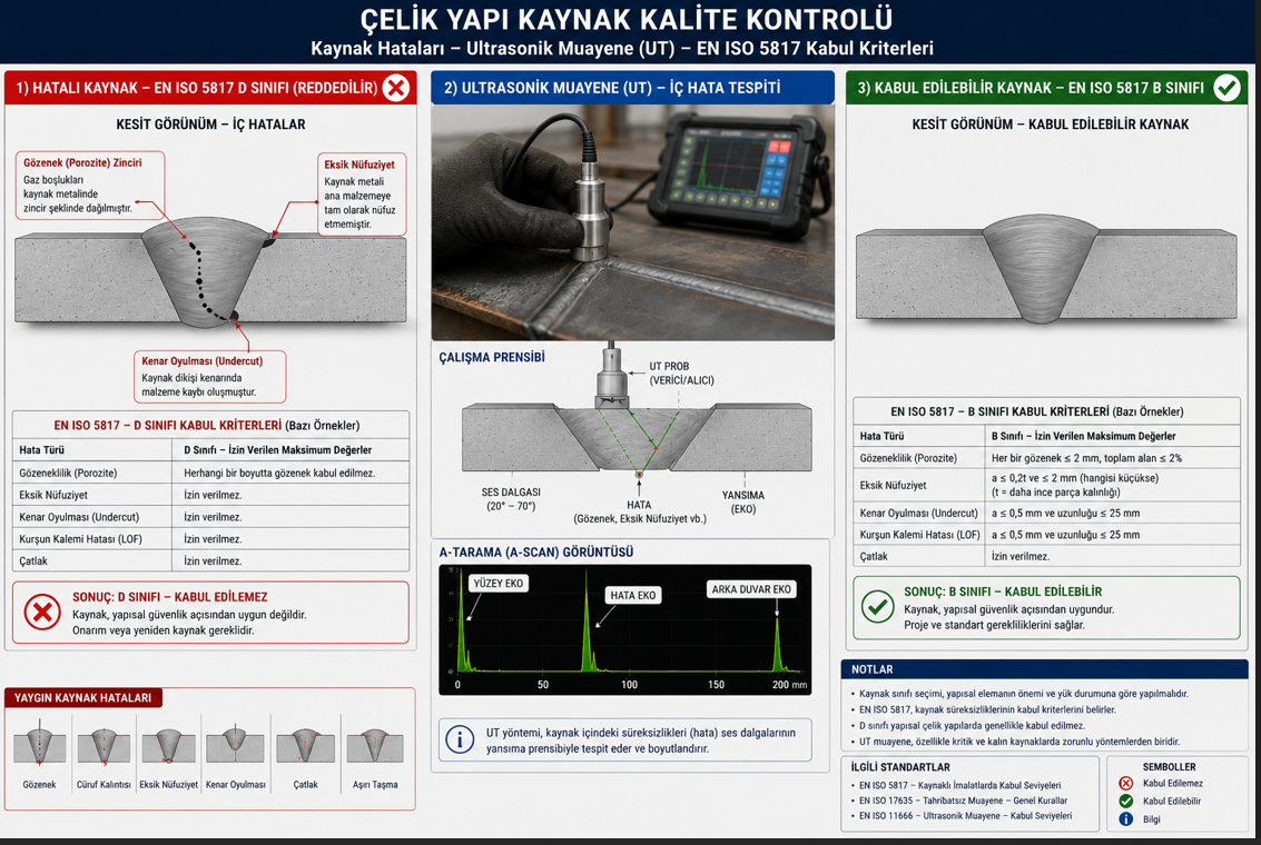 Çelik konstrüksiyon kaynak kalite sınıfları EN ISO 5817 — B, C ve D sınıfı kaynak kusurları karşılaştırması ve ultrasonik UT muayenesi uygulaması