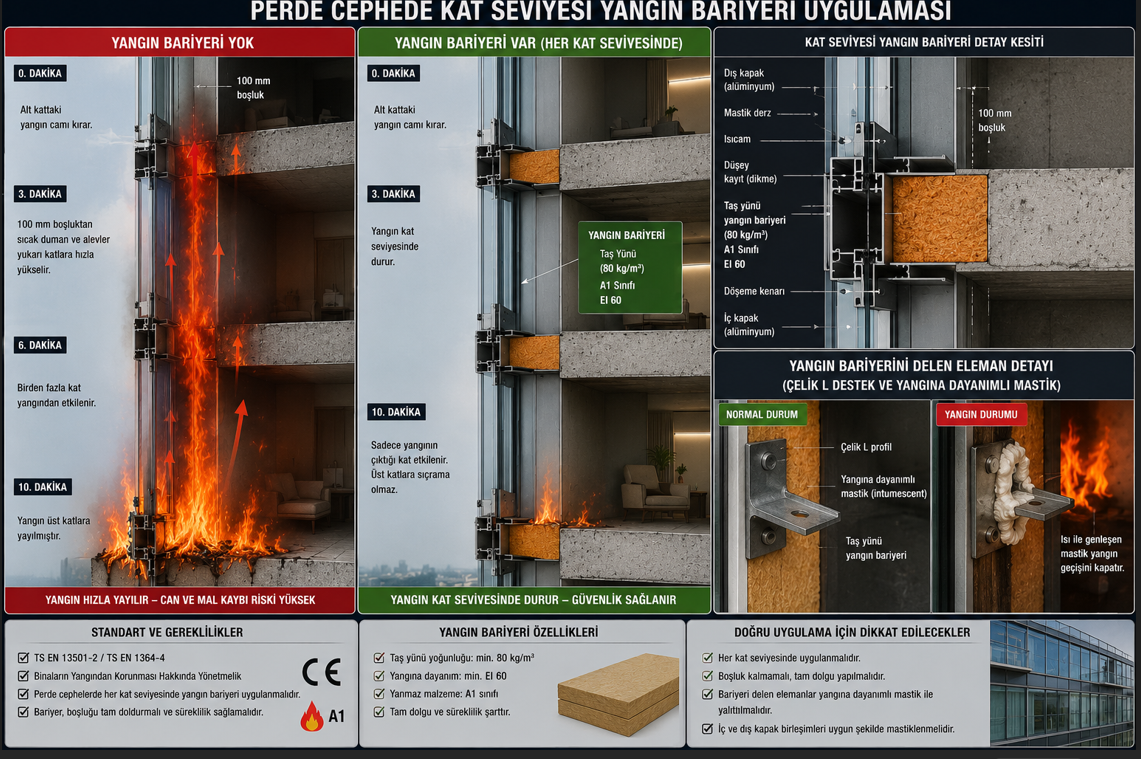Cam giydirme cephe döşeme seviyesi yangın bariyeri detayı — boşluk dolgusu mineral yün yangın bariyeri kesit detayı, yangın bariyeri olmayan cephede alevlerin kata yayılma mekanizması ve EI 60 yangın dayanımlı montaj detayı