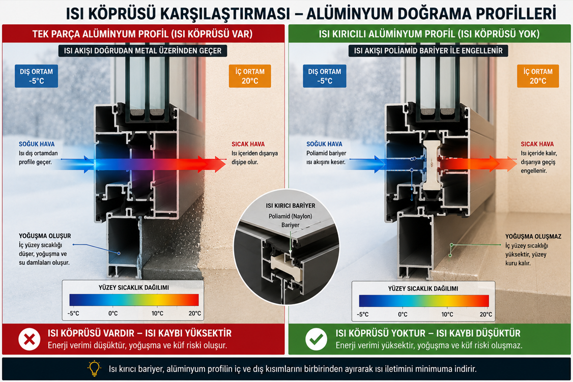 Isı kesimli alüminyum profil kesiti — polyamid ısı yalıtım bariyeri ve ısı köprüsü olmayan bölüm karşılaştırması ile kondansasyon hasar görseli