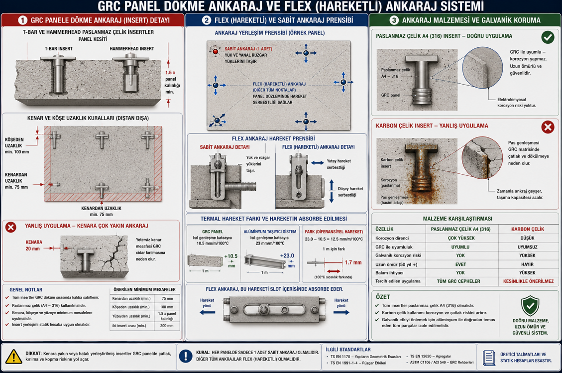 GRC panel cast-in insert ankraj detayi — T ve L sekilli gomme paslanmaz celik plaka panel icinde konumu, kenardan minimum 75 mm mesafe, panel kalinligindan 1.5 kat mesafe kurali, nervur icindeki insert konumu ve yanlis konum hatalari