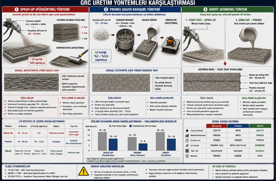 GRC uretim yontemleri karsilastirmasi — spray-up yontemi elyaf-slurry esit anda puskurtme mekanizmasi ve panel katman yapisi, premix yontemi elyaf onceden karistirilmis govde ve vibrasyon dokunma, hibrit sistem on yuz spray-up ve arka premix katmani