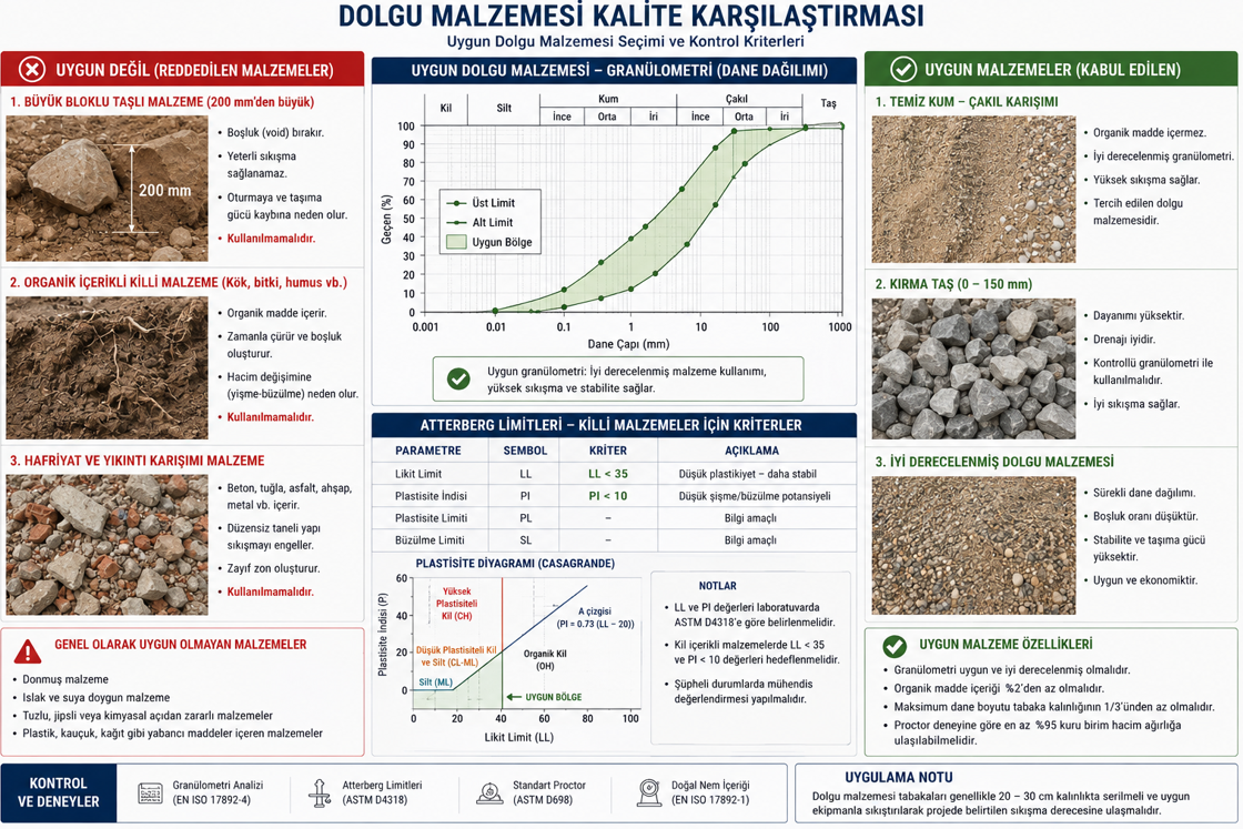 Geri dolgu malzeme kalitesi — kabul edilen granüler dolgu ile reddedilen organik karışım, kil topağı ve büyük kaya parçaları karşılaştırması ve elek analizi tablosu