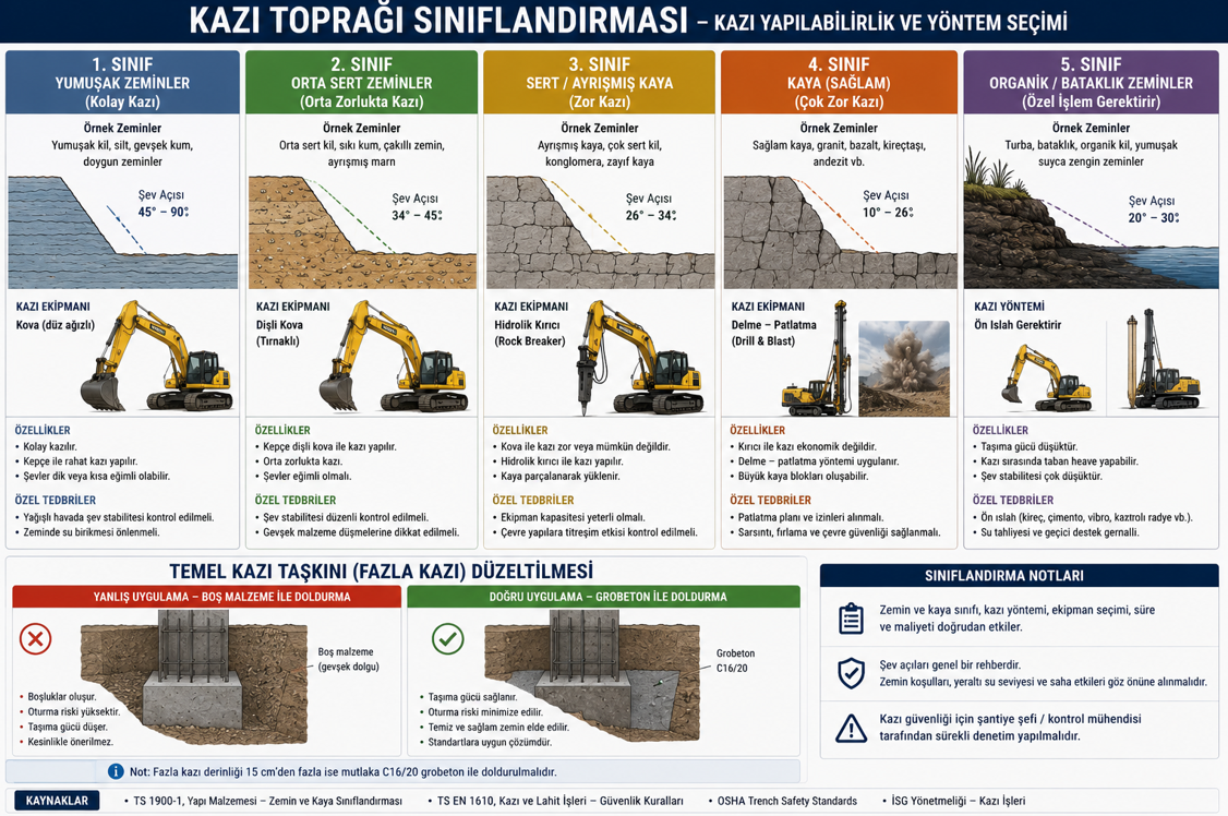 Hafriyat kazı sınıflandırması — yumuşak zemin, orta sert, sert zemin ve kaya sınıfları için kazı yöntemi, ekipman ve özel önlem tablosu ile kazı kesiti