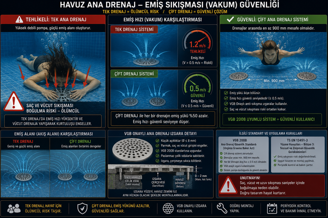 Havuz ana drenaj emme güvenliği — tekli ana dren girdap tehlikesi mekanizması ve çift bölünmüş dren anti-entrapment sistemi, SUCTION ENTRAPMENT tehlike sembolü ve VGB standartına uygun ızgara tasarımı