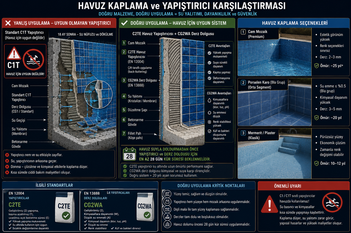 Havuz kaplama sistem seçimi — cam mozaik, porselen havuz karosu ve marblite perdah kaplama karşılaştırması, yapıştırıcı sınıfı C2TE gereksinimi ve havuz altı özel harç tabakası detayı