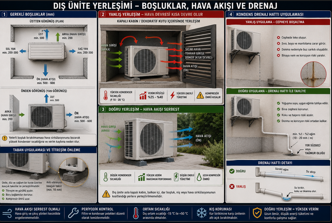 Klima dış ünite yerleşim gereksinimleri — hava giriş ve çıkış mesafeleri şeması, kısa devre hava akış mekanizması ve anti-vibrasyon mesnet konumu ile dış ünite kondensat drenaj yönlendirmesi
