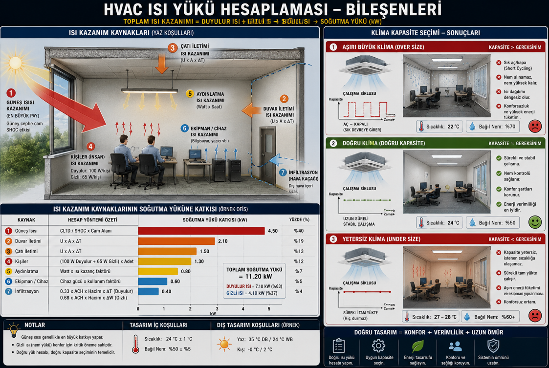 HVAC ısıl yük hesabı bileşenleri — güneş kazanımı, cam alanı, duvar ısı geçişi, kişi yükü, cihaz yükü ve infiltrasyon bileşenlerinin toplam soğutma yüküne katkısı ile kapasite seçimi tablosu
