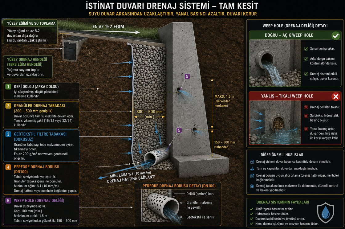 İstinat duvarı drenaj sistemi detayı — weep hole (delik) konumları, granüler drenaj tabakası, geotekstil filtre, delikli drenaj borusu ve yüzey drenajı bağlantısı katman kesit detayı
