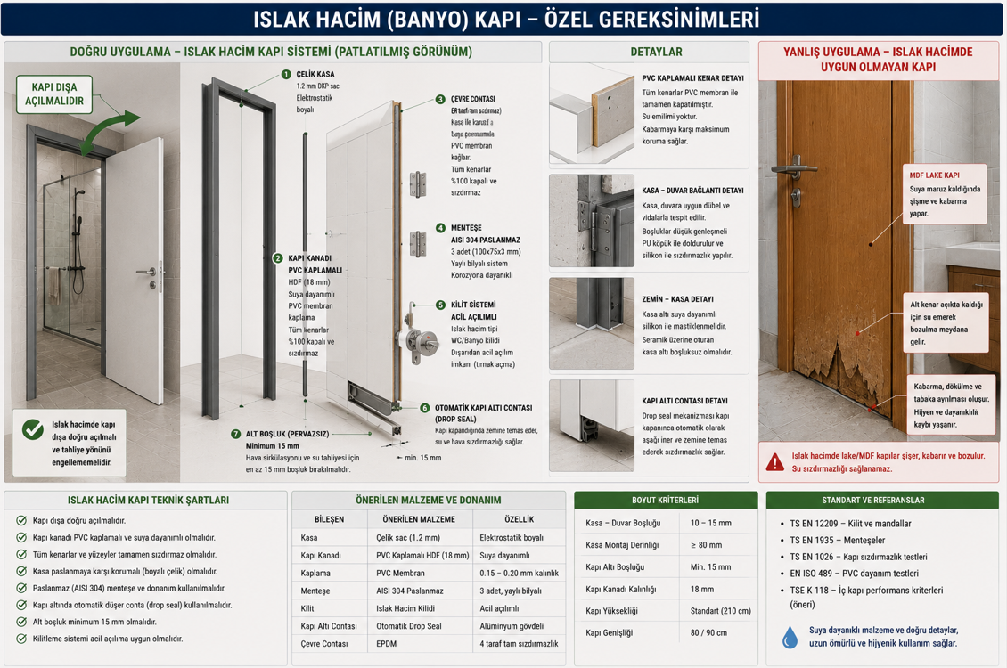Islak hacim iç kapısı gereksinimleri — banyo kapısı için PVC kaplı yaprak, çelik kasa, paslanmaz çelik menteşe, akustik eşik, dışa açılış yönü ve acil açma kilit detayı